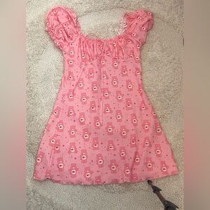 Pink Care Bears Print Puff Sleeve Dress